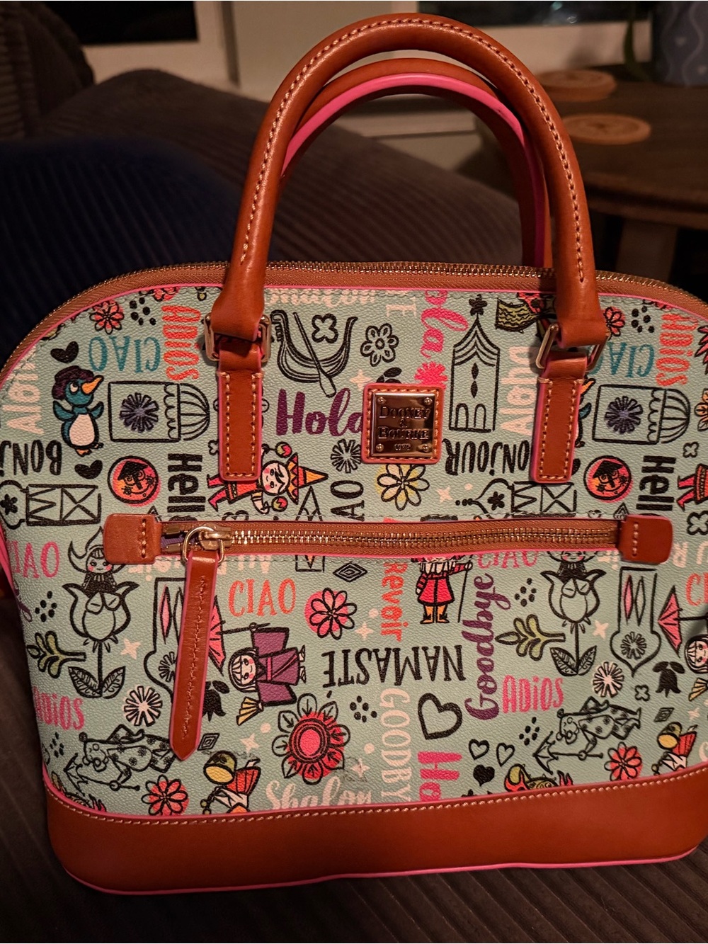 Disney Dooney and Burke Mint Canvas Satchel with Brown Trim “Small World”